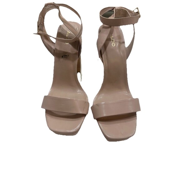 Aldo Platform High Heels Womens SZ 10 M Tan/Wood Grain Chunky Heels Gold Accent - Picture 6 of 7